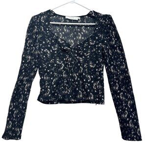 ASTR Womens Dark Floral Crinkle Chiffon Crop Size L Puff Shoulder Dark Romantic